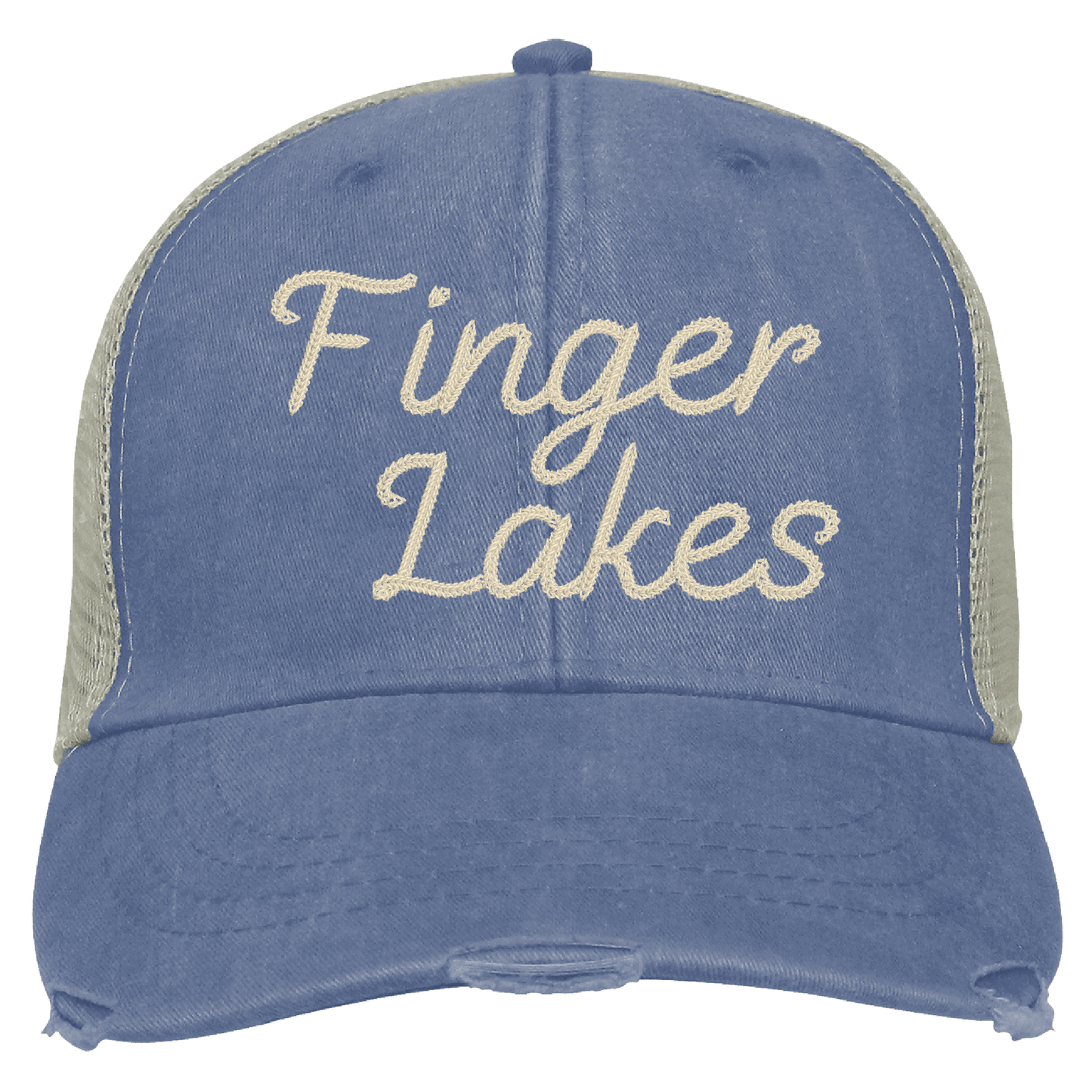 Finger Lakes Distressed Trucker Hat - Chainstitch Embroidery
