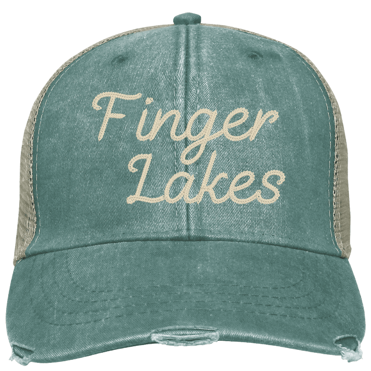 Finger Lakes Distressed Trucker Hat - Chainstitch Embroidery