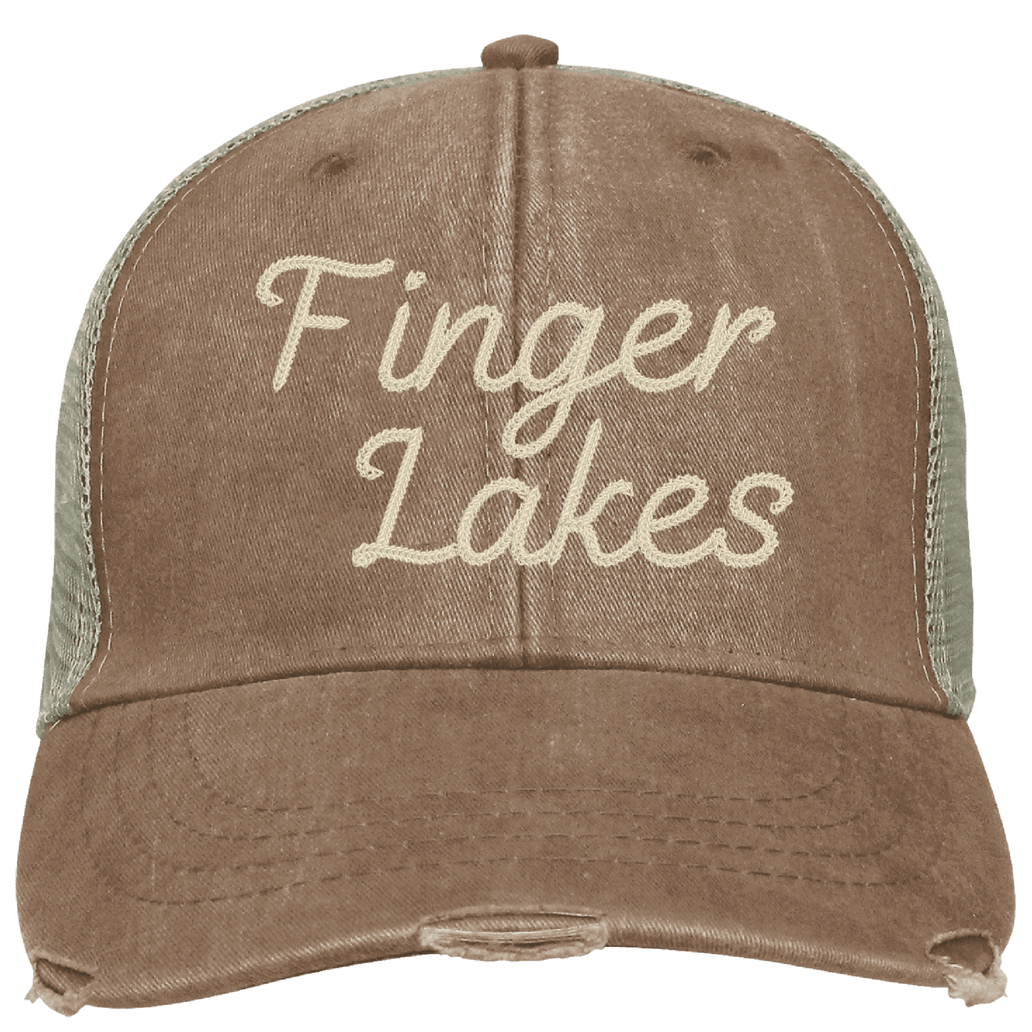 Finger Lakes Distressed Trucker Hat - Chainstitch Embroidery