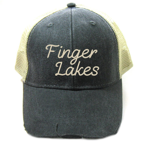 Finger Lakes Distressed Trucker Hat - Chainstitch Embroidery