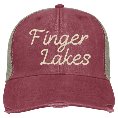 Finger Lakes Distressed Trucker Hat - Chainstitch Embroidery