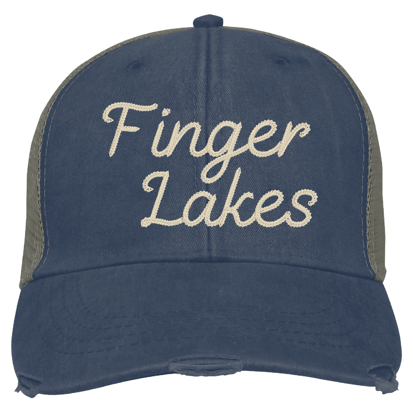 Finger Lakes Distressed Trucker Hat - Chainstitch Embroidery