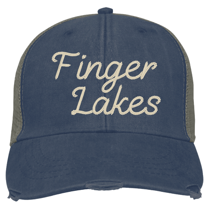 Finger Lakes Distressed Trucker Hat - Chainstitch Embroidery