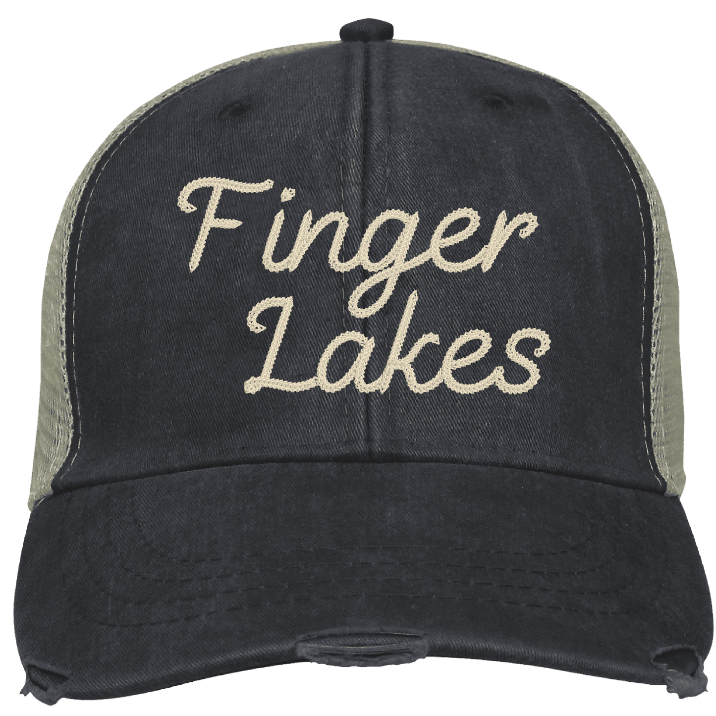 Finger Lakes Distressed Trucker Hat - Chainstitch Embroidery