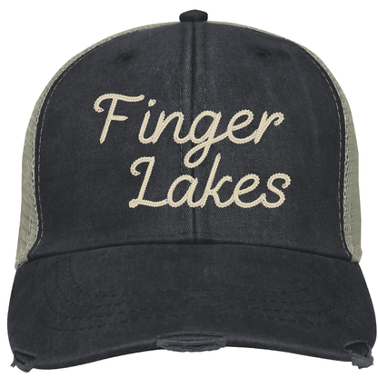 Finger Lakes Distressed Trucker Hat - Chainstitch Embroidery