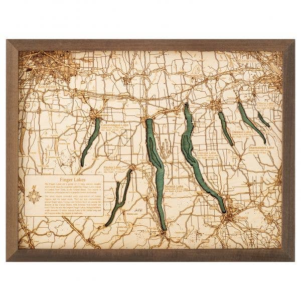 Handcrafted 3D Wood depiction of the Finger Lakes encased in glass and a matching frame.